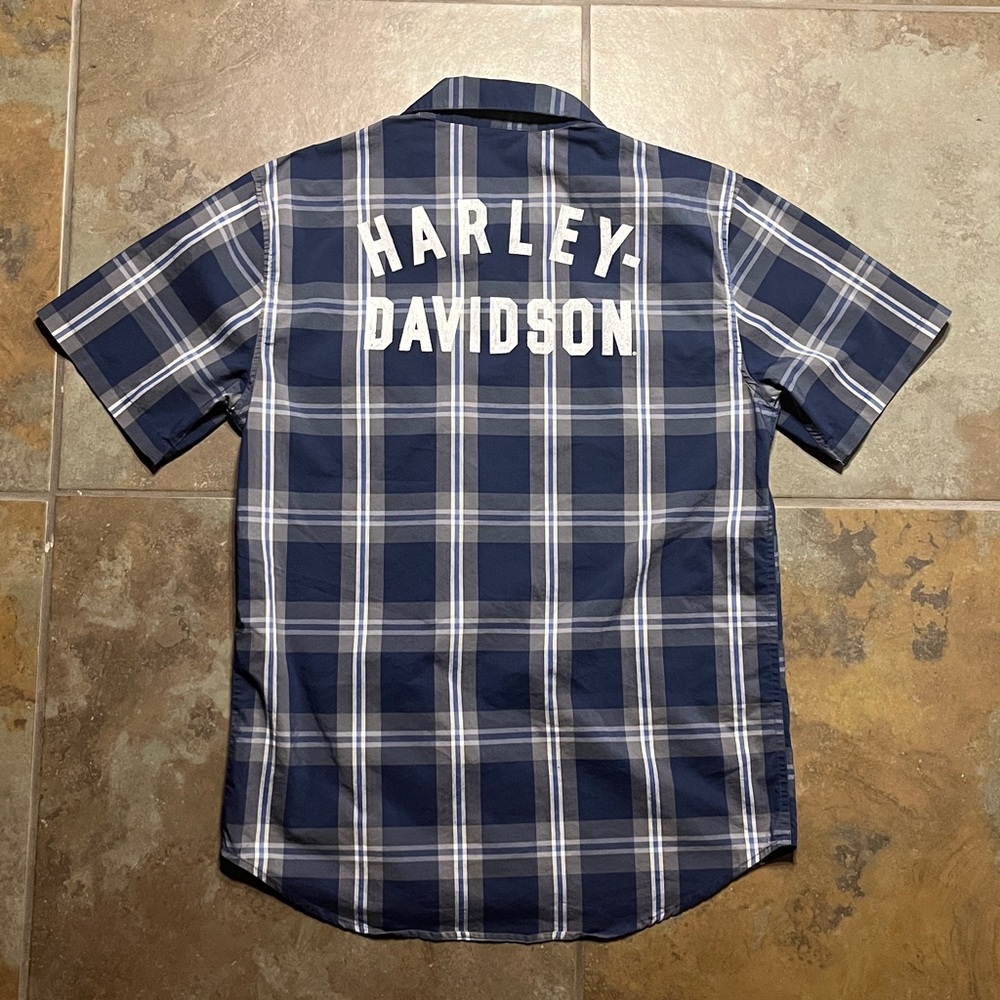Harley-Davidson Navy and White Plaid Button Down Shirt, good condition